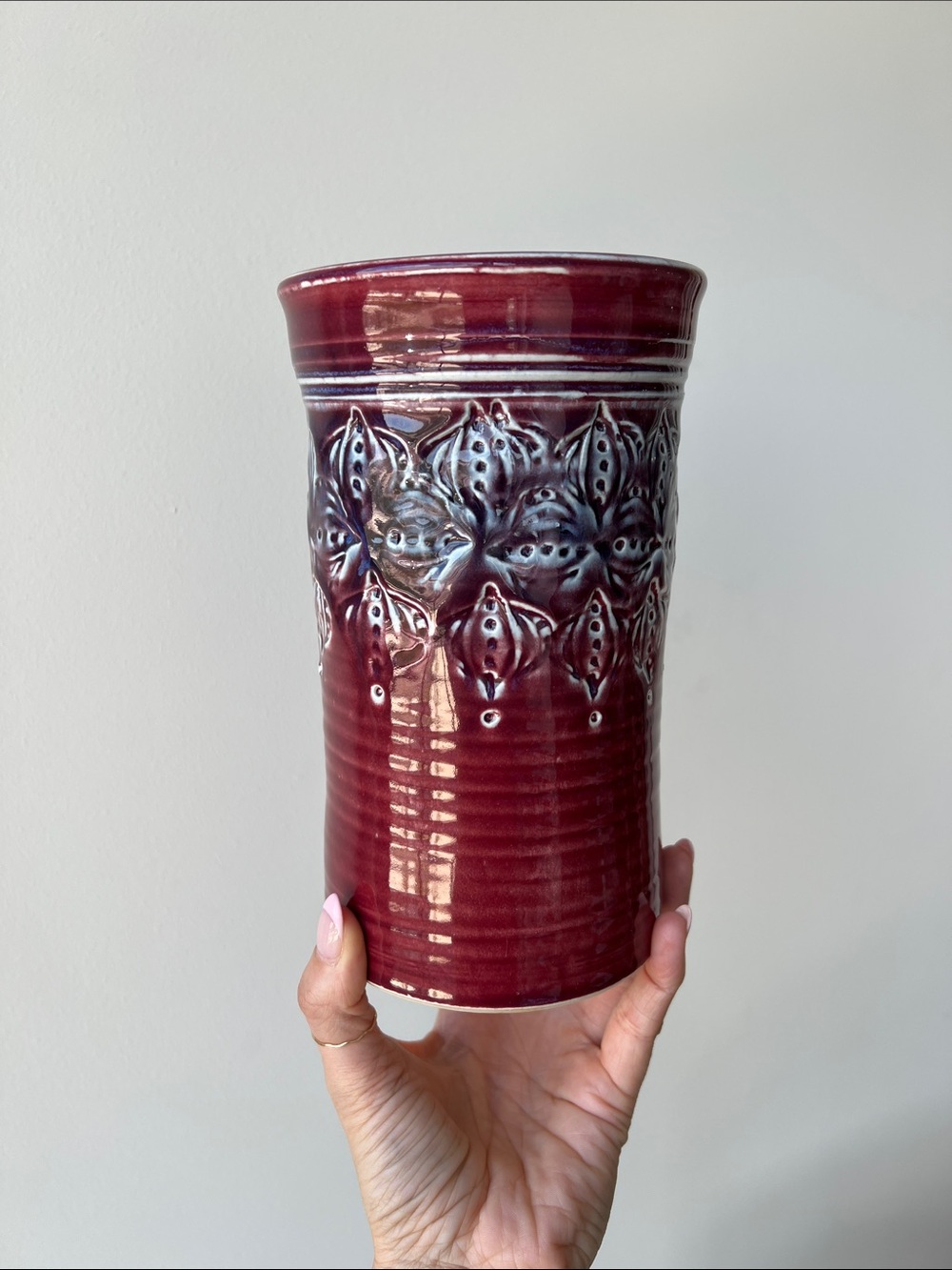 Vintage Handmade Carved Pottery Vase Decor